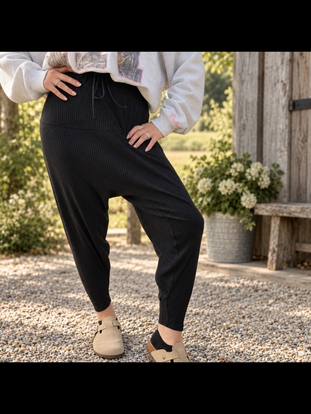 Free People Movement Black Ribbed Harem Jogger Pants Boho M Drop Crotch Granola